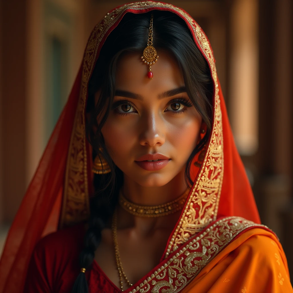 1 girl, beautiful detailed eyes, beautiful detailed lips, extremely detailed eyes and face, long eyelashes, traditional Indian saree, thin gold waist chain, hijab, Muslim, busty, big breasts, hot, beautiful, photorealistic, hyper detailed, intricate details, cinematic lighting, dramatic lighting, vivid colors, masterpiece