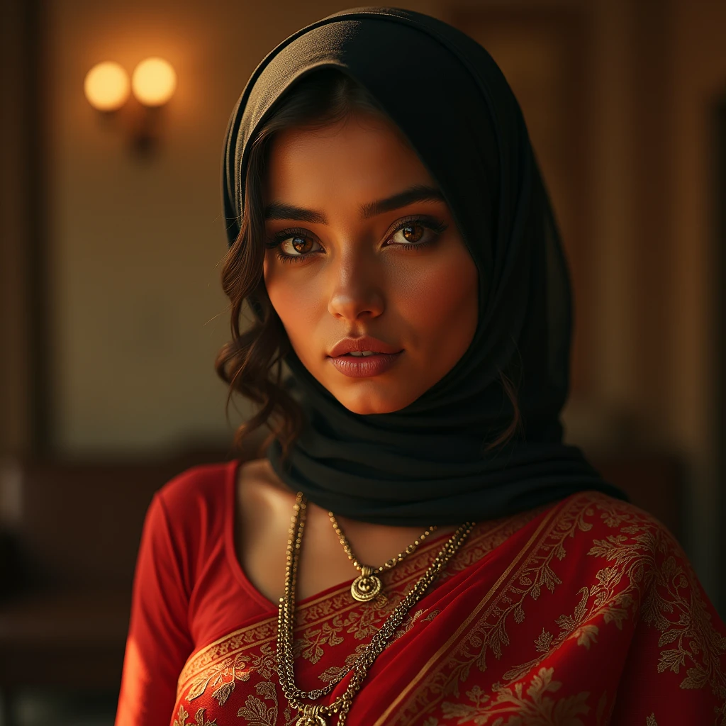 1 girl, beautiful detailed eyes, beautiful detailed lips, extremely detailed eyes and face, long eyelashes, traditional Indian saree, thin gold waist chain, hijab, Muslim, busty, big breasts, hot, beautiful, photorealistic, hyper detailed, intricate details, cinematic lighting, dramatic lighting, vivid colors, masterpiece