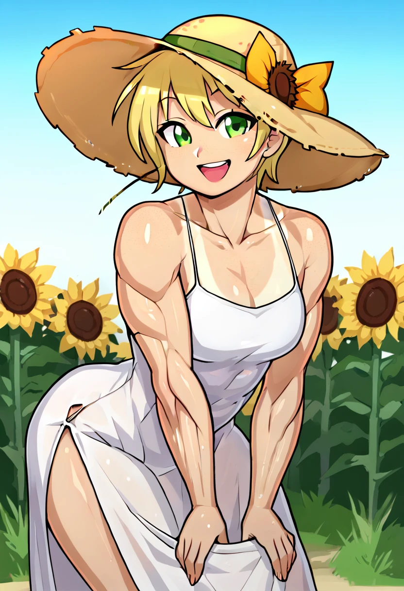 rebecca, sunflower field setting, yellow skintight dress, thin dress straps, hard nipples, blush, sweaty, huge tits, 8k, high resolution, high quality, cinematic lighting, arms behind back, wide hips and thighs, small waist, athletic body, pulled out of dress, squeezing tits