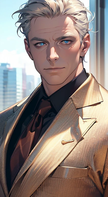 (best quality,4k,8k,highres,masterpiece:1.2),ultra-detailed,(realistic,photorealistic,photo-realistic:1.37),1 man,3,mature man,very handsome,without expression,smile,short grey golden hair,blue eyes,penetrating gaze,perfect face without errors,imposing posture,businessman,office background,cinematic lighting,hdr image