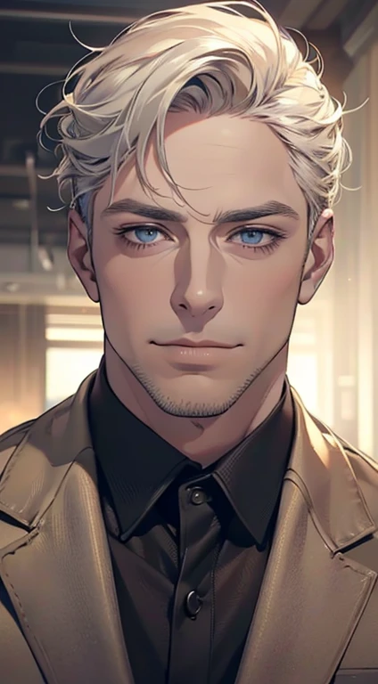 (best quality,4k,8k,highres,masterpiece:1.2),ultra-detailed,(realistic,photorealistic,photo-realistic:1.37),1 man,3,mature man,very handsome,without expression,smile,short grey golden hair,blue eyes,penetrating gaze,perfect face without errors,imposing posture,businessman,office background,cinematic lighting,hdr image
