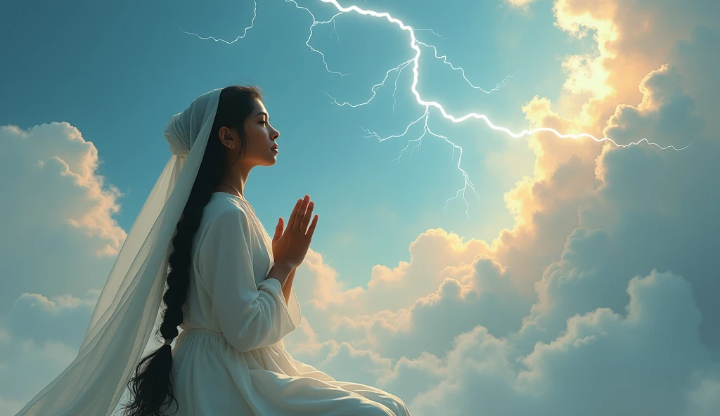 A beautiful white young Indian girl wearing white top dress with very long thick black hair braided upto waist and her head covered with veil praying to God on her knees with her hands and no ornaments wearing with a background of shining clouds with thunders naturally