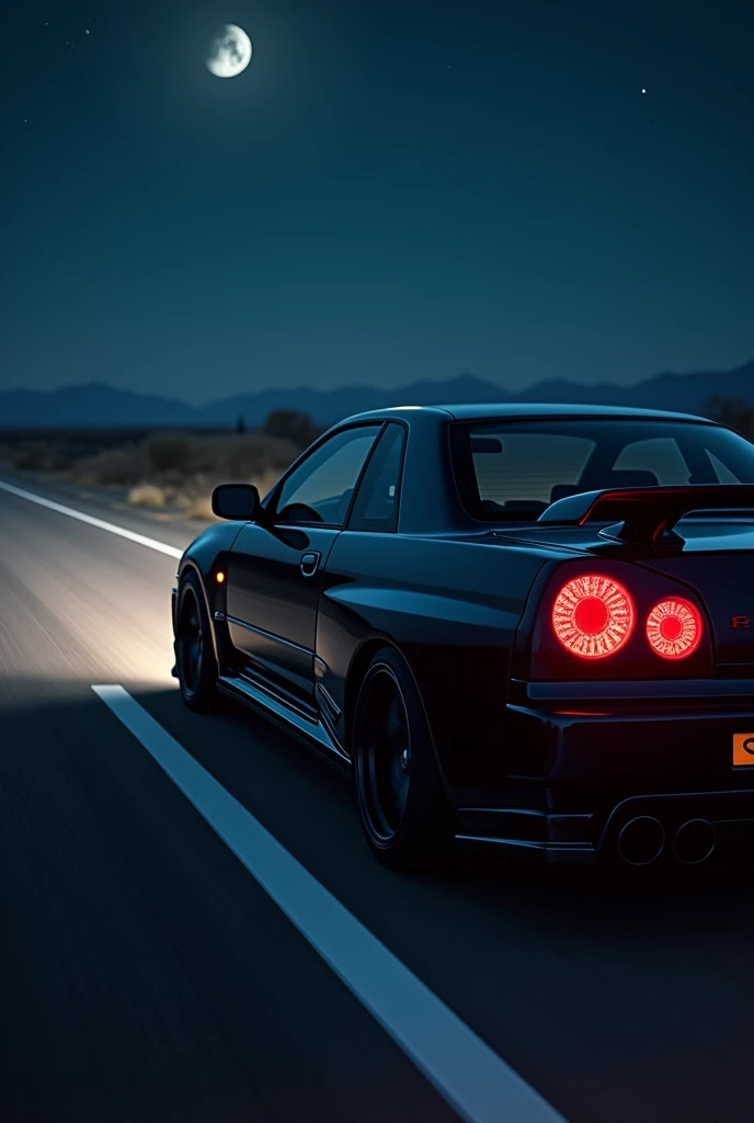 Nissan Skylineen r34 black color on a dark night on the highway without a city without lights