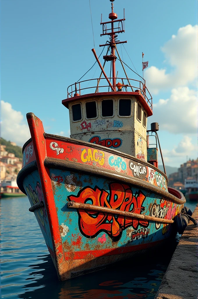 Fishing boat with graffiti and the name capo