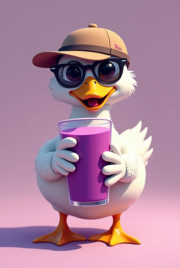 Duck in a cap, sunglasses and a glass of açaí in hand,in the style of 2D drawing Cuphead style