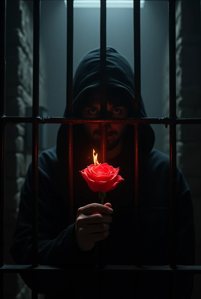 A mysterious-faced prisoner hiding in the shadows of a dark, barred cell holding a burning red rose in the center.