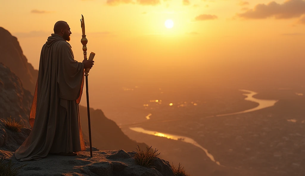 Create a hyper-realistic and mysterious image of Solomon on a mountain, where he is observing the horizon that stretches across several kingdoms. Each kingdom represents a different type of investment: agriculture, Maritime trade, Mining, and culture. He is standing, holding a golden staff and a rolled up parchment, symbolizing control and strategic vision over various areas of prosperity. The golden light of sunset should create long, deep shadows, highlighting the vastness of the kingdom and the diversity of investments Solomon oversees to ensure a secure future.
