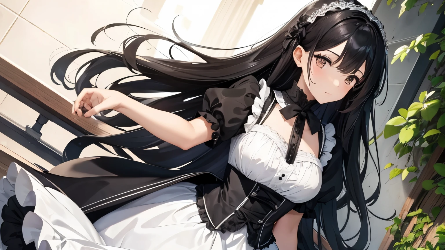 A beautiful woman wearing a black and white pannier dress with lots of ruffles and lace Long black hair half-up with hair accessories Upper Body
