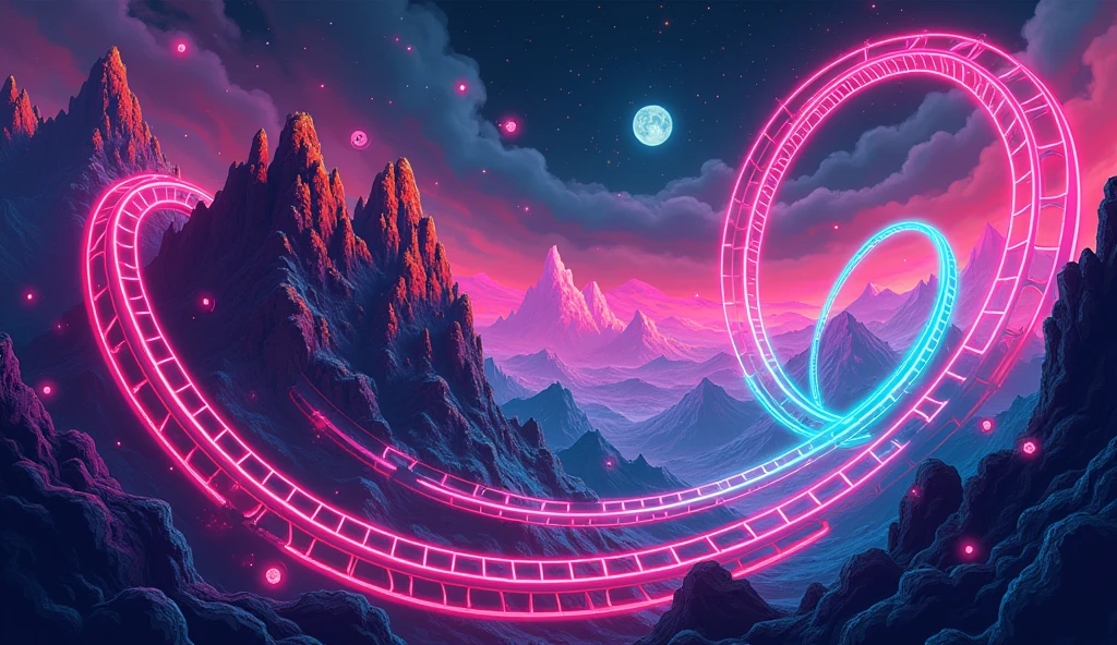 meme of financial markets on a roller coaster, neon colors