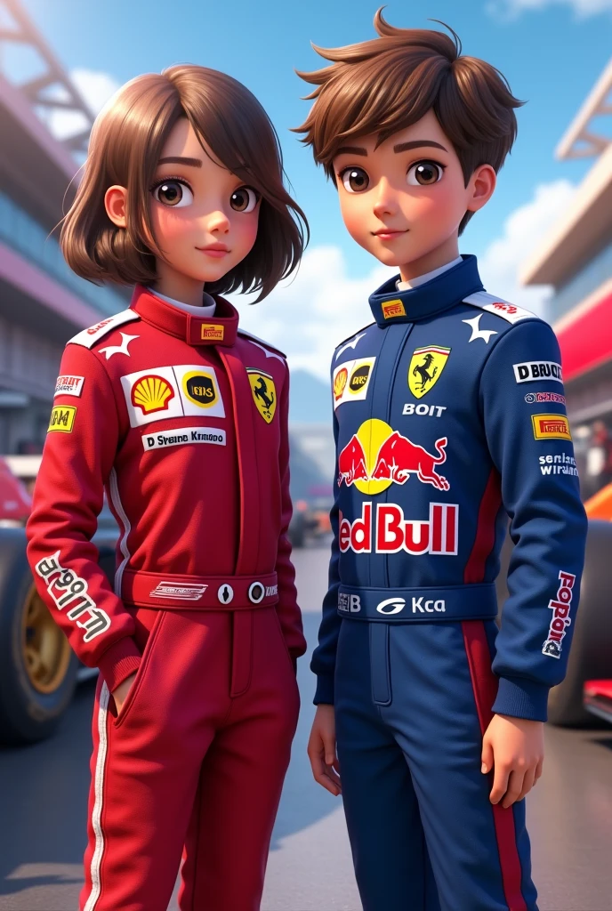 Short layered brown hair girl in Ferrari uniform and brown hair boy in blue Redbull uniform