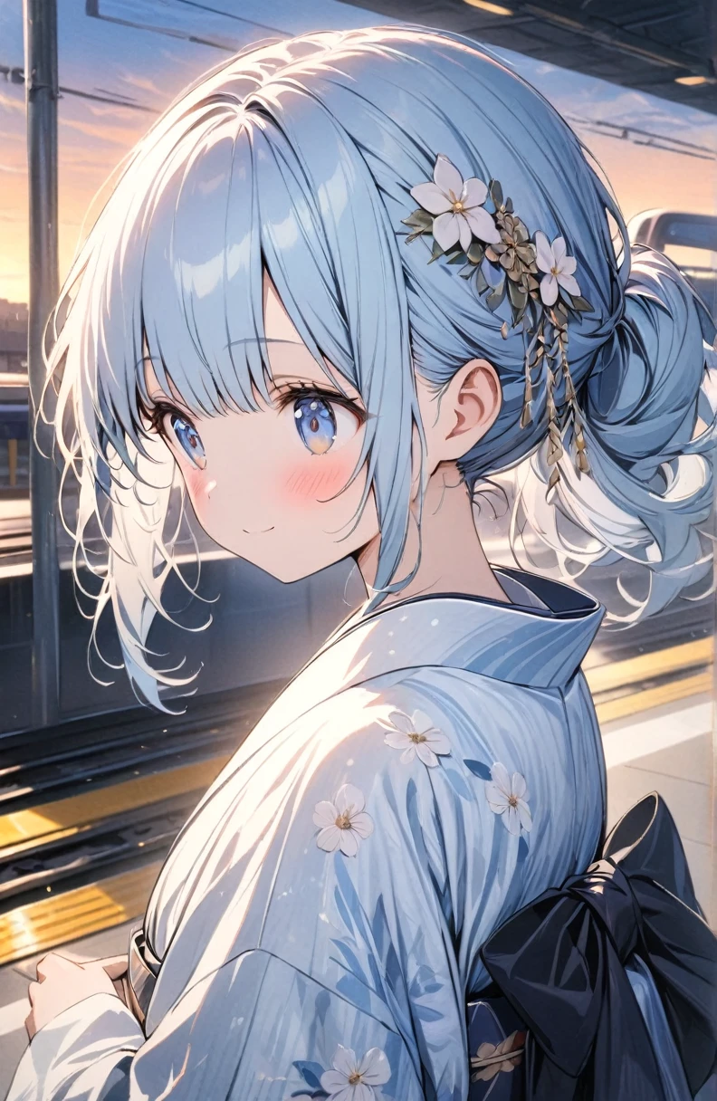 masterpiece, best quality, extremely detailed, (illustration, official art: 1.1), 1 girl, ((((light blue hair)))), (((light blue long hair))), light blue hair,, ((blush)), cute face, big Eyes, masterpiece, best quality, (((a very delicate and beautiful girl))))), amazing, beautiful detailed eyes, blunt bangs ((((little delicate girl))), ((tareme))), droopy eyes. (true beautiful: 1.2), sense of depth, dynamic angle,,, affectionate smile, (true beautiful: 1.2), (tiny 1girl model: 1.2),) (flat chest), look away, long ponytail, (waiting, boring)), long SHOT, “A GIRL IN A BEAUTIFUL WHITE YUKATA WITH FLOWER PATTERNS. The obi of the yukata is pink and adorned with shining pearl accessories.tied hair, kanzashi, flower hair ornament, fluffy note hair ornament, crescent decoration,,,, 8k, super detail, UHD, accurate, masterpiece, anatomically correct, textured skin, super detail, high details, high quality, award winning, best quality, highres, ,(1girl:1.4), solo, sunset, train station platform,  waiting, tranquil, glowing, evening, reflective, serene, sky, daily life, anticipation, public transport, fleeting, momentary, youthful, stillness, orange hues, silhouetted, peaceful, routine, departure, arrival, contemplative, solitude, vibrant, nostalgic, patient, observant,look away
