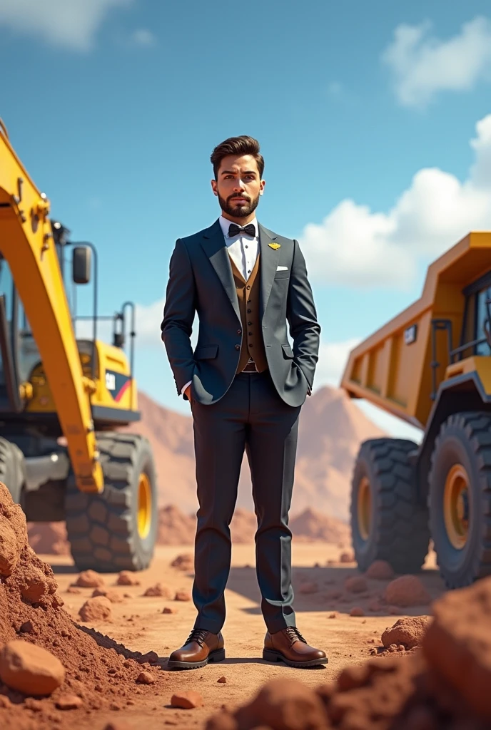 Name Adriel, between sports cars, background 10 am, sunny,right side a caterpillar excavator, left side a caterpillar dump truck, clear sky