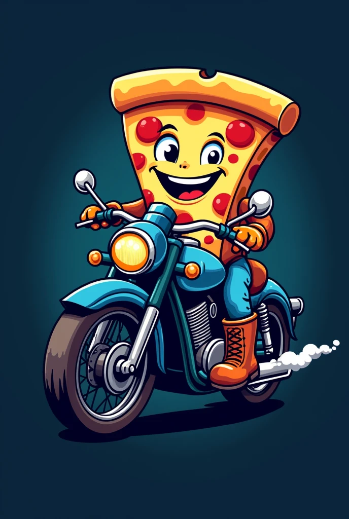 Logo for pizzeria with smiling pizza on a dark blue motorbike wearing boots 