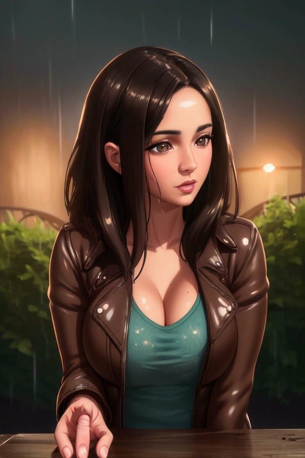 a romantic couple kissing in the rain, man with tan skin, brown hair, leather jacket, denim, man with dark skin, dark hair, green strapped black shirt, closeup, passionate embrace, dramatic lighting, rain, cinematic, highly detailed, photorealistic, 8k, (best quality, 4k, 8k, highres, masterpiece:1.2), ultra-detailed, (realistic, photorealistic, photo-realistic:1.37), HDR, UHD, studio lighting, ultra-fine painting, sharp focus, physically-based rendering, extreme detail description, professional, vivid colors, bokeh