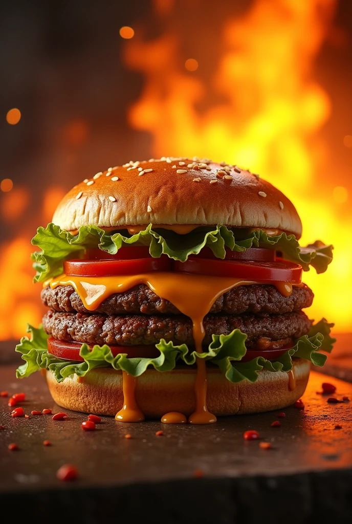 (photorealism:1.2), do the bether photo about hamburguer, and the hamburguer its so beautifull and behind there ir fire