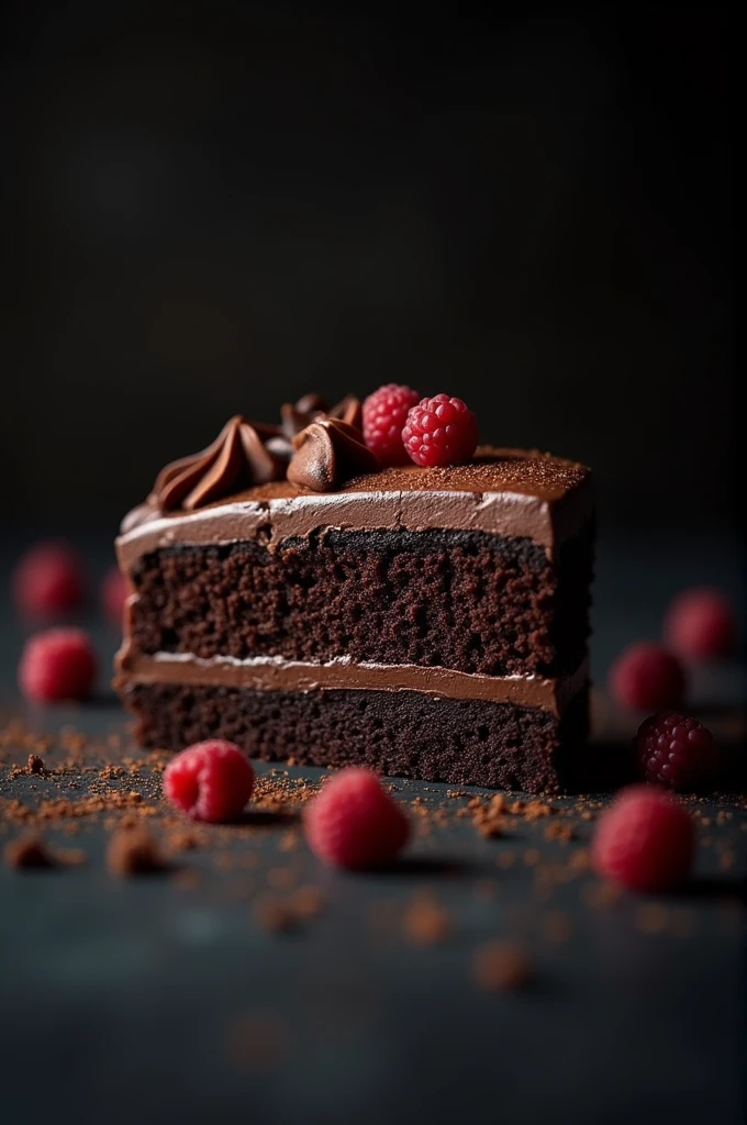 cinematic film still chocolate, chocolate cake, dark background, quality photo, moist texture, frosting, studio photo, slice . shallow depth of field, vignette, highly detailed, high budget, bokeh, cinemascope, moody, epic, gorgeous, film grain, grainy