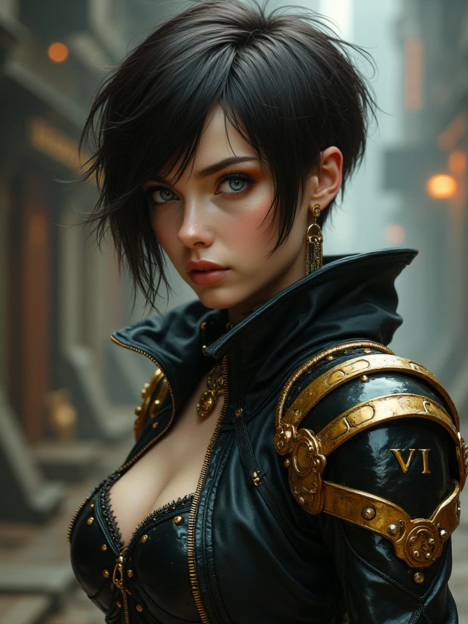 one Beautiful woman. Dark brown hair, pixie haircut. blue eyes. daring outfit. goth tomboy. maidenly charm. space rogue assassin. Knightly cyber armor. golden accessories. Dark sci-fi. Warhammer 40k. Dieselpunk. baroque oil painting.