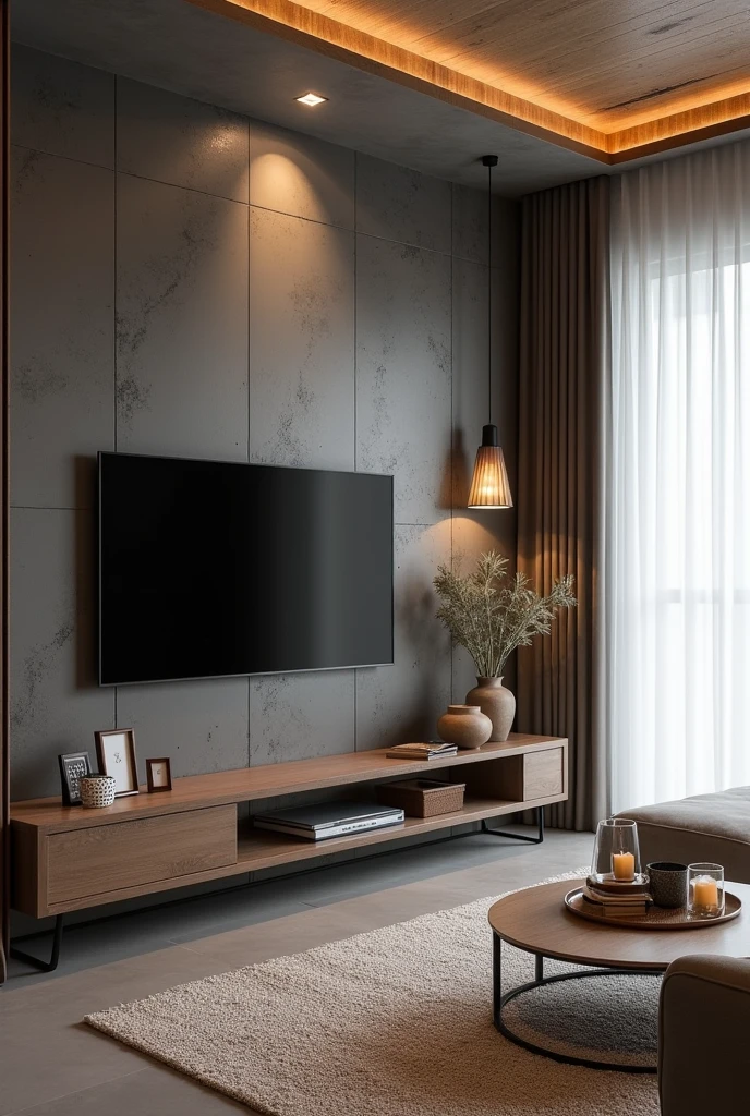 A modern and cozy living room with a gray floor and light walls. The wall where the TV is located has a dark burnt cement finish., creating an elegant contrast. The ceiling lining is made of PVC with a woody appearance, adding a touch of warmth to the environment. In the right corner of the room, there is a pendant light with two warm white light bulbs, that gently illuminates the space. The right wall is covered by a white curtain that stretches from end to end., giving a feeling of spaciousness. Pictures with colors matching the decor. Below the TV, there is a vintage piece of furniture that houses some carefully selected decorative objects. To finish, a natural fabric rug covers part of the floor, on which is a coffee table made of natural wood, complementing the cozy and elegant look of the room.