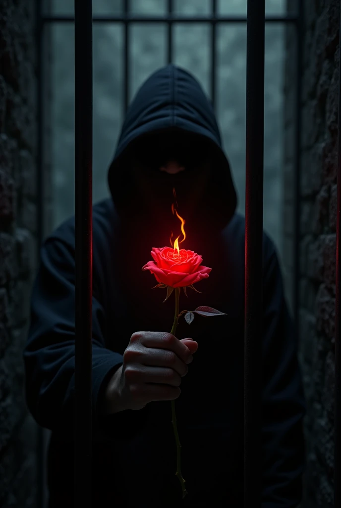 A mysterious-faced prisoner hiding in the shadows of a dark, barred cell holding a burning red rose in the center.