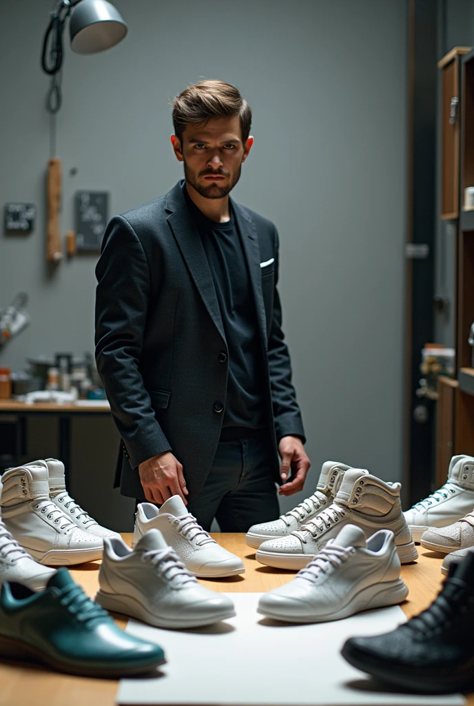 Male shoe designer in an incredible moment of inspiration, with new shoe models from its collection called "Guess What", which has a futuristic and free concept. 