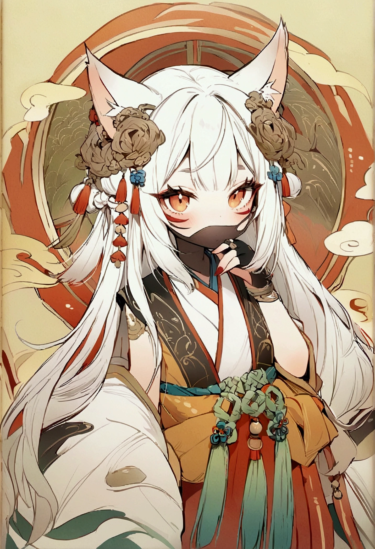 fox ears, white hair, mit einer ONI-Maske, masterpiece, illustration, chinsese traditional style