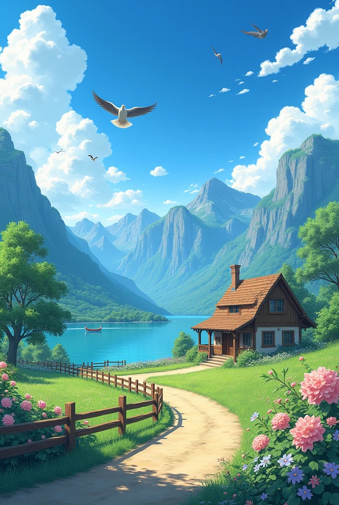 A serene anime-style scene featuring a quaint cottage nestled among vibrant flowers, with a wooden fence lining a peaceful road. The fence is adorned with blooming flowers, adding bursts of color to the scene. In the background, towering mountains rise majestically, their peaks touching a bright blue sky dotted with fluffy, drifting clouds. Below the mountains, a crystal-clear lake reflects the surroundings, with a small, hand-painted boat gently floating on its surface. Birds soar high above, their wings outstretched as they glide through the azure sky. The entire scene is rendered in a highly detailed and vibrant anime style, with soft, warm lighting that evokes a sense of nostalgia and tranquility. The landscape is filled with intricate details, from the texture of the cottage's wooden beams to the delicate petals of the flowers, all presented in a vivid 8k resolution that captures every nuance. The composition is symmetrical, creating a harmonious and balanced view, reminiscent of the idyllic worlds often seen in classic anime.