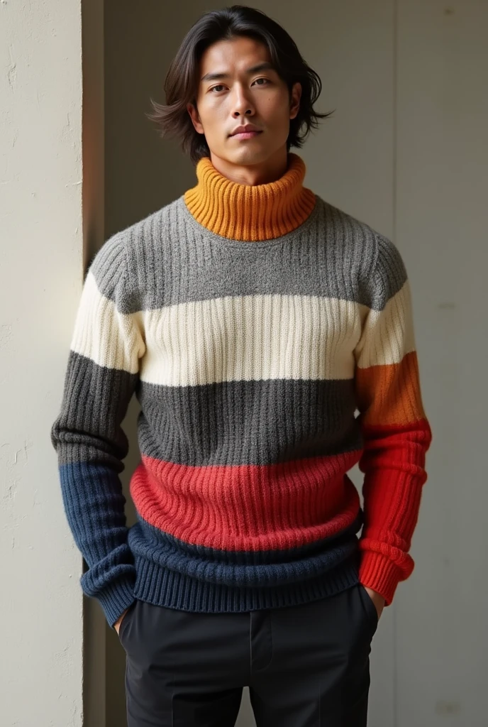 Help me show my idea of the color combination of a striped sweater, The lower part would be mixed, then grey, bone and king, the sleeves would be completely king