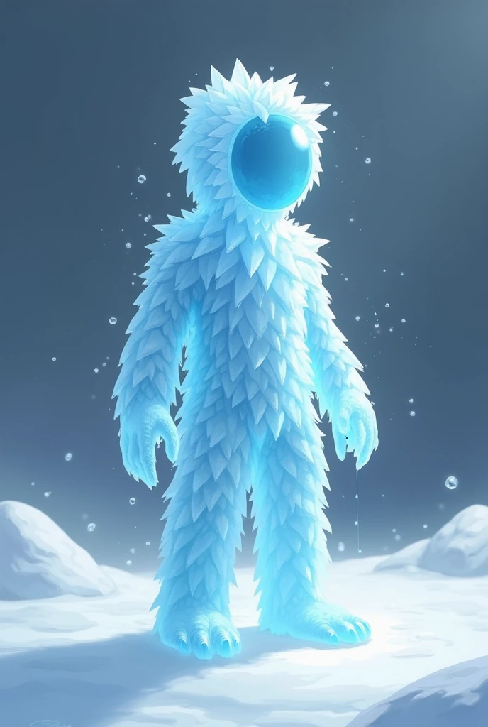 Make a character entirely made of ice crystal in a cartoon version that is a simple drawing, that has no face, that the whole body is only made of ice, that the background is a more opaque color