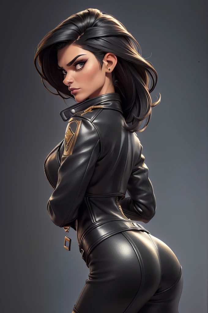 obra prima, melhor qualidade, ((only one woman,)) ((laura san giacomo, dark tan skin, straight short black hair, heavy makeup eye shadow, hostile sneer,)) (((wearing thigh length very black shiny leather jacket,))) (((jacket is zipped up, jacket covers waist and ass,))) ((jacket has stiff high collar,)) ((gold pvc gloves,)) body is very skinny, standing up, (((arched back, shoulders leaning way back, hips twisting, head tilted way back, chin up,))) ((camera back view, extreme closeup view of upper body,)) shallow depth of field, highres, HD, 8k, anatomically correct