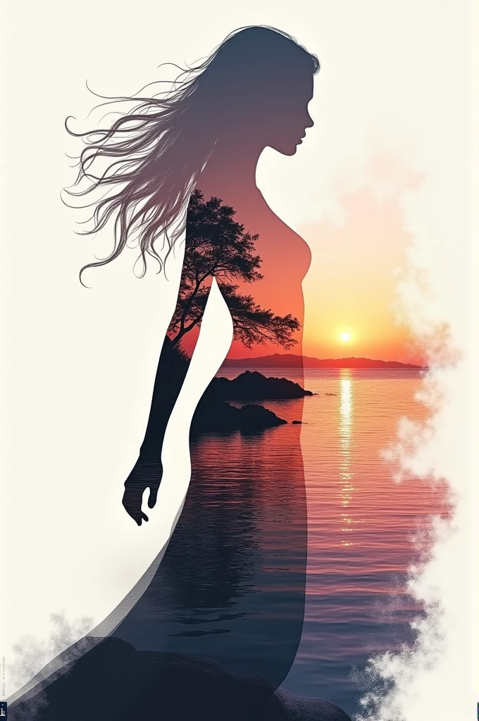 high quality, 8K Ultra HD, A beautiful double exposure that combines an goddess silhouette with sunset coast, sunset coast should serve as the underlying backdrop, with its details incorporated into the goddess , crisp lines, The background is monochrome, sharp focus, double exposure, by yukisakura, awesome full color,