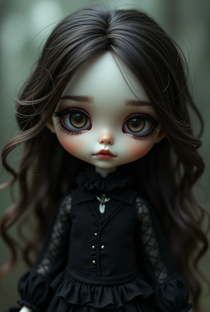 Make me a pale blythe doll, with dark brown wavy hair with several blonde strands, and dark brown eyes with makeup, black eyeshadows and black eyeliner, and black clothes