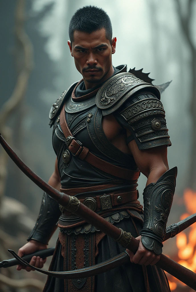 a Thai warrior man with short hair, holding a bow, wearing battle armor, tall stature, detailed facial features, dramatic lighting, cinematic composition, fantasy art, digital painting, muted color palette, masterpiece, best quality, 8k, ultra-detailed, photorealistic