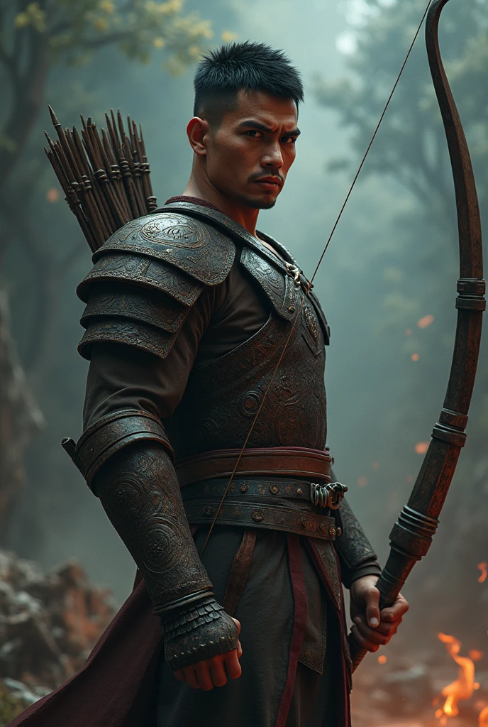 a Thai warrior man with short hair, holding a bow, wearing battle armor, tall stature, detailed facial features, dramatic lighting, cinematic composition, fantasy art, digital painting, muted color palette, masterpiece, best quality, 8k, ultra-detailed, photorealistic