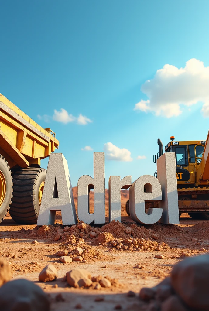 Write name Adriel, between sports cars, background 10 am, sunny,right side a caterpillar excavator, left side a caterpillar dump truck, clear sky