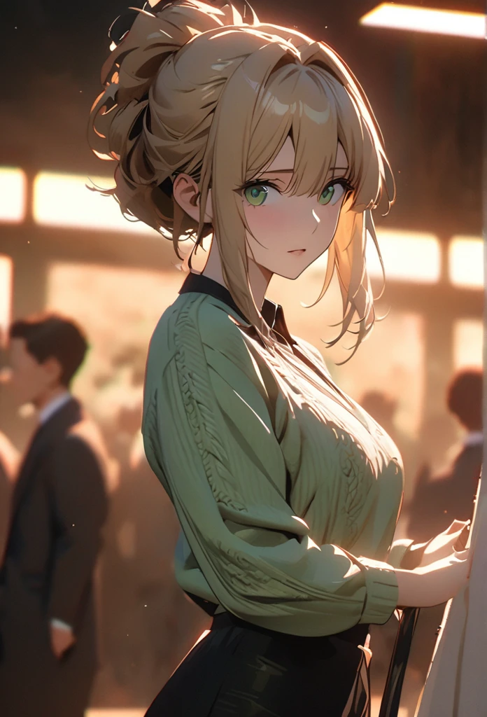  (blond hair, chignon hair, light green eyes, sweater green, black skirt, garter stockings) 1 woman, hair up, happy, tired, high detail, violet evergarden hair, conceptual art, super detail, high details, high quality, best quality, green eyes, blonde hair, pretty, tall, emotionless, ((femenine)), ((male face)), handsome, solo, looking at viewer, light, 1girl, 4k quality,cinematic lighting, ray tracing, depth of field, cinematic lighting, ray tracing, UHD, high details, best quality, highres, high quality, award winning, super detail, masterpiece, 8k, UHD, high details, best quality, highres, high quality, award winning, super detail, masterpiece, 8k, digital art, anime coloring, full body, body shot, good face, perfect face, detailed face, good eyes, lab background, science lab,