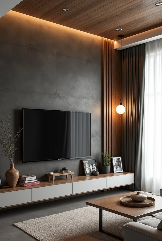 A modern and cozy living room with a gray floor and light walls. The wall where the TV is located has a dark burnt cement finish., creating an elegant contrast. The ceiling lining is made of PVC with a woody appearance, adding a touch of warmth to the environment. In the right corner of the room, there is a pendant light with two warm white light bulbs, that gently illuminates the space. The right wall is covered by a white curtain that stretches from end to end., giving a feeling of spaciousness. Pictures with colors matching the decor. Below the TV, there is a vintage piece of furniture that houses some carefully selected decorative objects. To finish, a natural fabric rug covers part of the floor, on which is a coffee table made of natural wood, complementing the cozy and elegant look of the room.