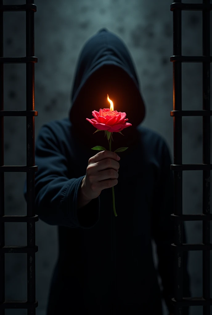 A mysterious-faced prisoner hiding in the shadows of a dark, barred cell holding a burning red rose in the center.