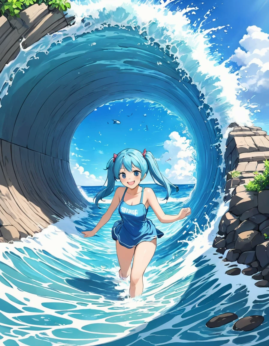 Light blue long hair、Beautiful girl with twin tails、The ocean water runs through a tunnel of seawater that has been stirred up.、smile、Splash Art、Face Highlights