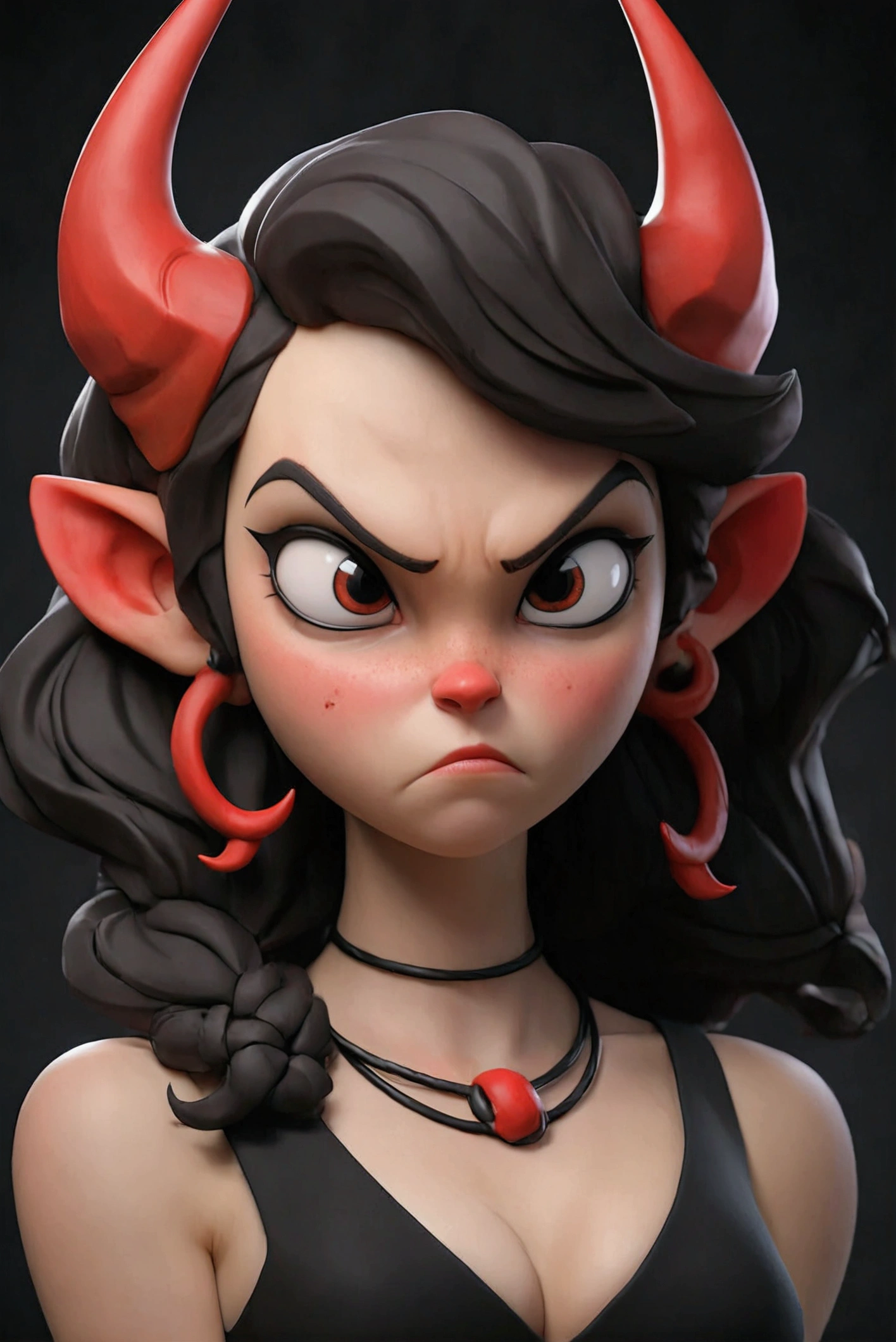 Beautiful 25 year old women with medium breasts in a black dress with red horns and an angery face