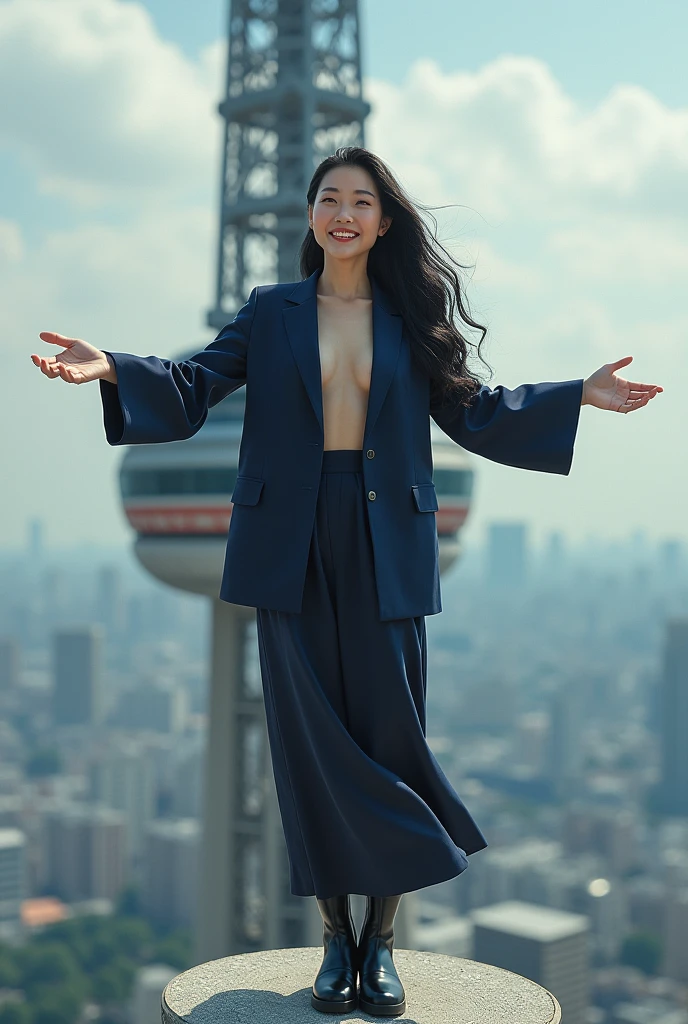 An elderly Japanese woman, smiling and with her arms outstretched, standing at the top of Tokyo Tower, 5, naked, no underwear, black leather long boots, navy blue women's suit jacket on bare skin, black hair, long wavy hair, high resolution, photo quality,