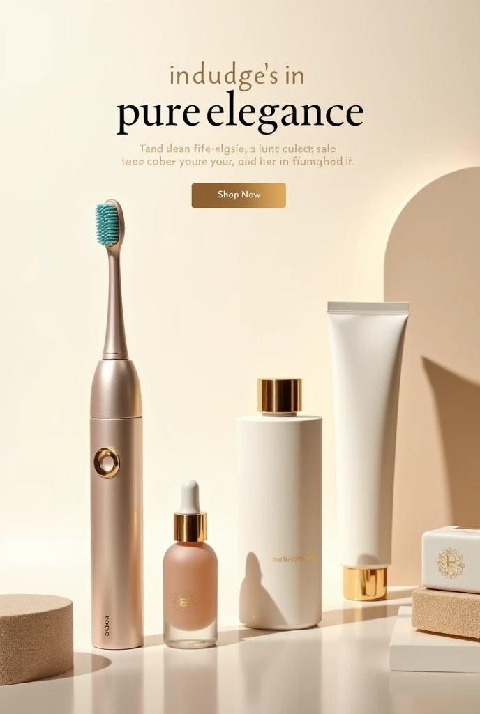 Create an elegant and sophisticated banner for an online store called 'PureElegance', featuring a diverse range of personal care products, including electric toothbrushes, facial cleansers, sunscreens, and soaps. Use a luxurious color palette of soft ivory, muted gold, and gentle taupe to convey a sense of refinement and quality. Display high-resolution images of the products in a clean, organized layout with subtle shadows and highlights to enhance their premium appearance. Include refined, bold typography with the message 'Indulge in Pure Luxury' and a call-to-action button that says 'Shop Now' in a coordinating gold hue. The design should exude elegance, modernity, and high-end appeal, aimed at attracting discerning customers looking for premium personal care items."