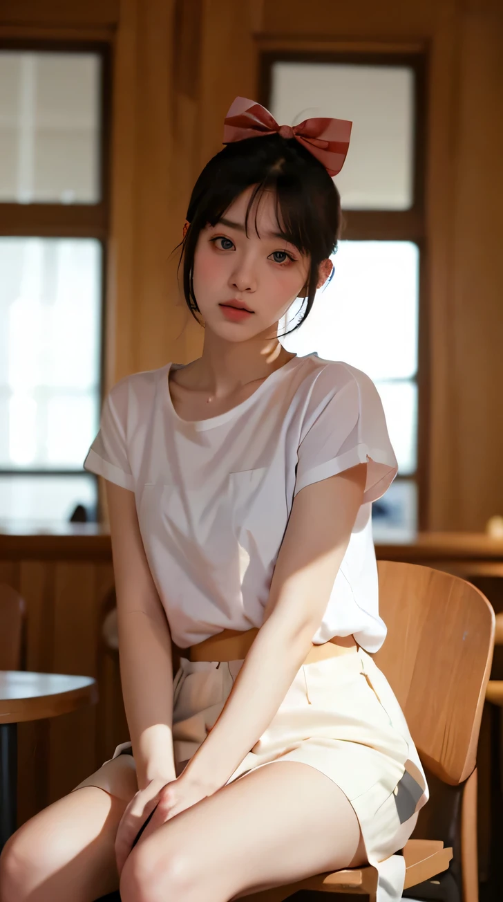 A photo of a young, nerdy woman sitting in a caf, wearing a white shirt and a bow, surrounded by a cozy atmosphere, looking at the viewer.
short hair, slender, red lips, transparent fabric, flirting with the camera