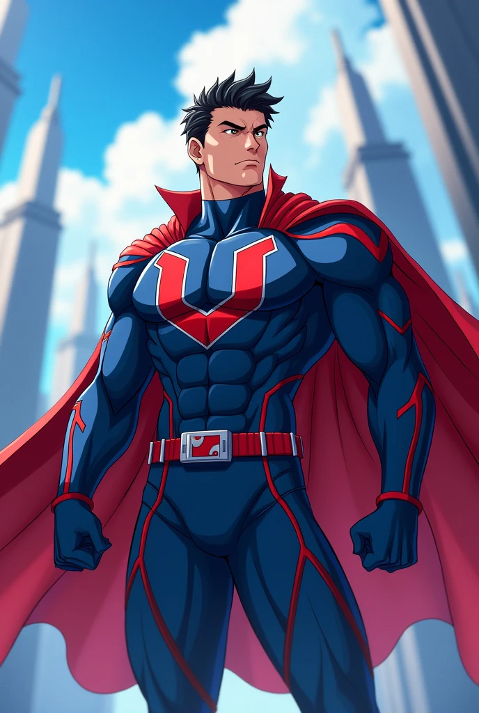 Create for me a hero with a blue and red uniform anime man with a cape put a u symbol on his chest