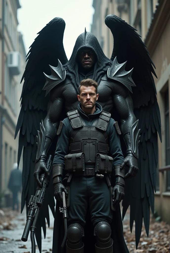 Soldier next to a 2&#39;90m attractive man in black heavy tactical military gear that has black wings on his back 