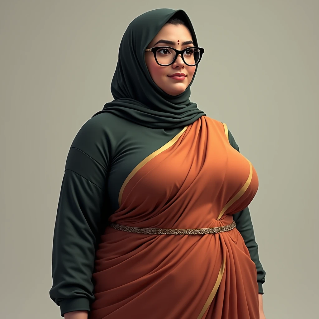 Hot beautiful busty Big boobies Traditional Indian girl in Saree wearing a thin gold Waist chain around her Navel. And covering her complete head tightly with Hijab as Muslims Wearing glasses