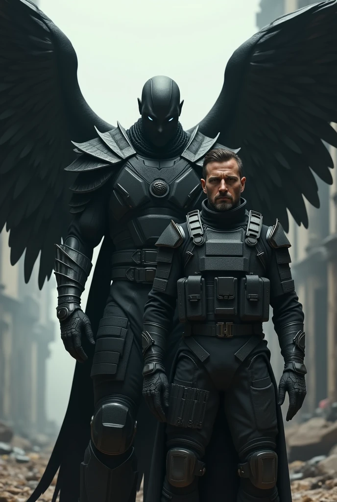 Soldier next to a 2'90m attractive man in black heavy tactical military gear that has black wings on his back