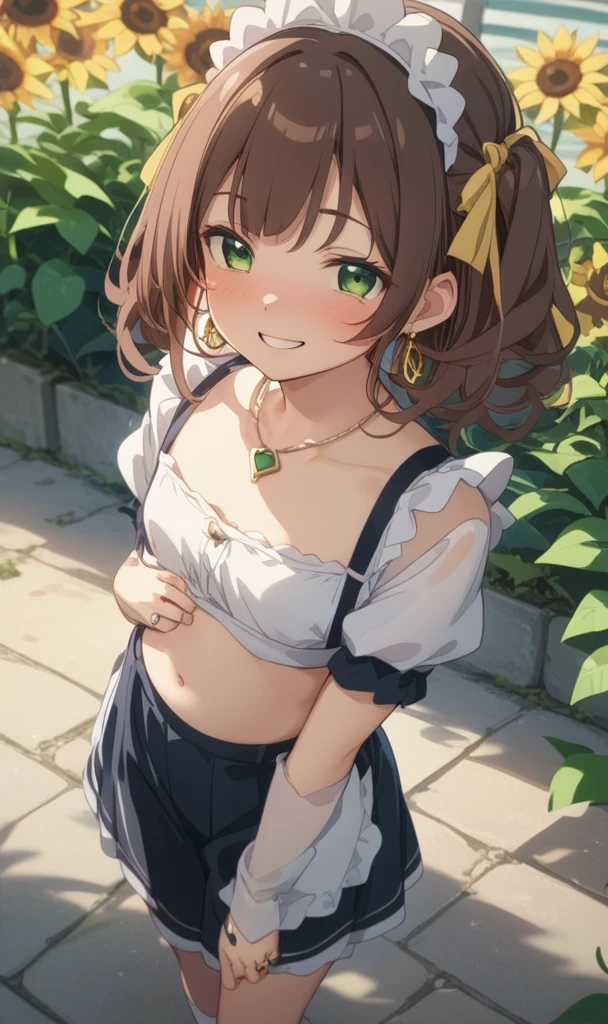 、cute、Princess、young、Green Eyes、Brown Hair、Medium Hairstyles、Big ribbon、cute、Being spoiled、smile、Be happy、Red cheeks、Idol、uniform、Belly button、maid、Small breasts、Embarrassed、juice、lover、Earrings、necklace、ring、sunflower、liquor、Drunk