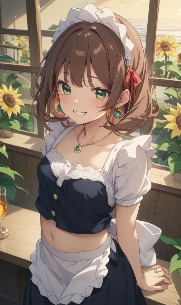 、cute、Princess、young、Green Eyes、Brown Hair、Medium Hairstyles、Big ribbon、cute、Being spoiled、smile、Be happy、Red cheeks、Idol、uniform、Belly button、maid、Small breasts、Embarrassed、juice、lover、Earrings、necklace、ring、sunflower、liquor、Drunk