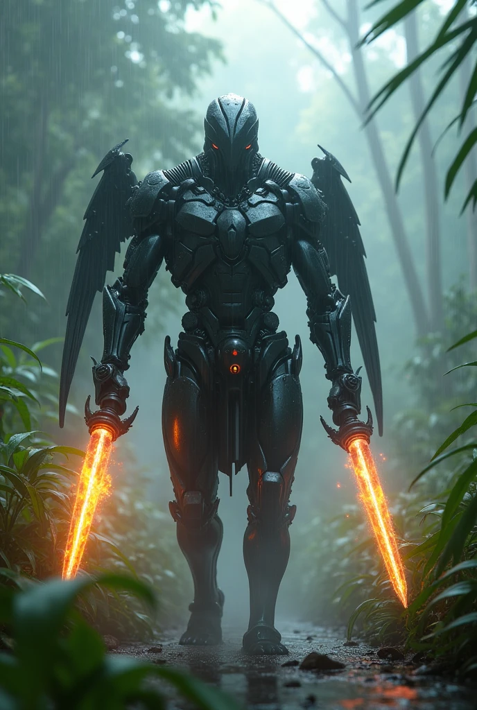 Fog on the jungle, rain ,large robotic ,black head, flame dual sword, cyclops eye, cyberpunk, armour dark,have iron wing,have jet-pack engine 