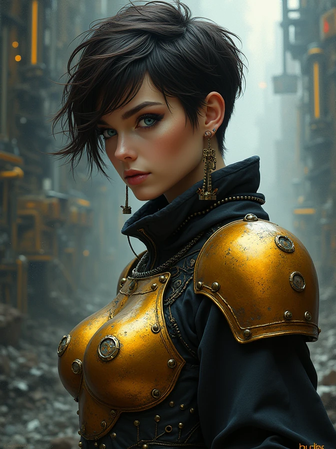 one Beautiful woman. Dark brown hair, pixie haircut. blue eyes. daring outfit. goth tomboy. maidenly charm. space rogue assassin. Knightly cyber armor. golden accessories. Dark sci-fi. Warhammer 40k. Dieselpunk. baroque oil painting.